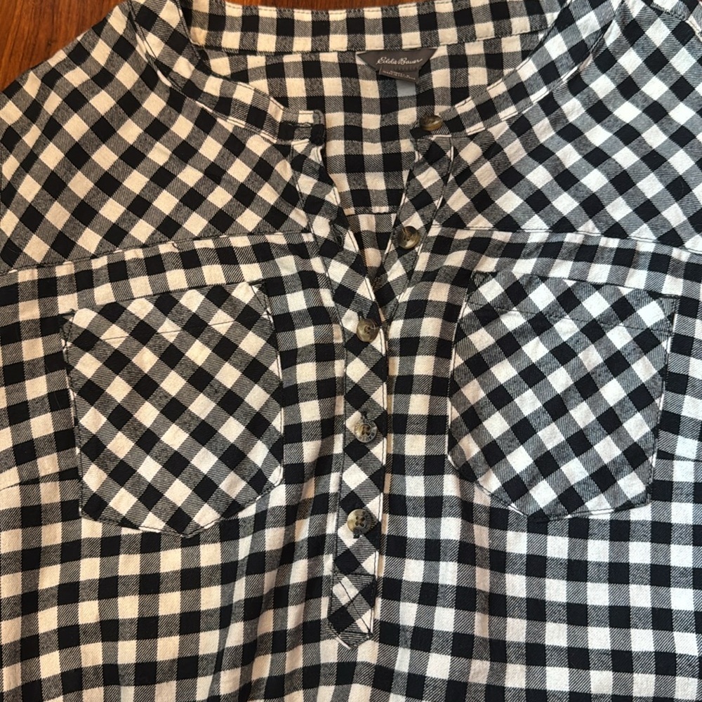 Eddie Bauer Womens Flannel Popover Top Sz Small Black White Checkered Cotton - Picture 3 of 6